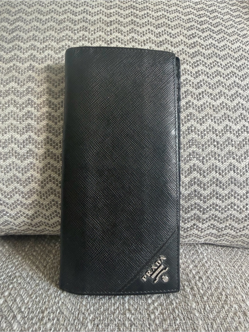 Prada Black Saffiano Leather Continental Long Wallet Silver Logo